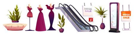 Mall hall elements set - escalator, promotional banners, mannequins with dresses, potted plants in decorative planters and digital information display. Shopping center interior design objects.のイラスト素材