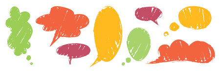 Crayon textured speech bubble set with grunge effect. Vibrant colored dialog shapes. Scratched cartoon communication elements with various forms - oval and cloud shaped boxes for message design.のイラスト素材