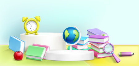 Round podium with school accessories. Vector realistic illustration of white platform mockup with 3d text books, globe, magnifying glass, apple and pencil, education symbols, student study equipmentのイラスト素材