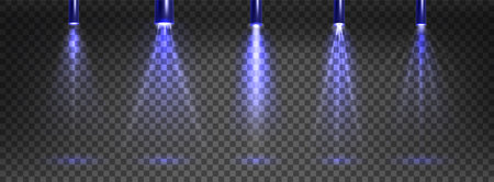 Spotlight beam with glitter collection - blue glow on transparent background. Different luminous rays and light intensity shapes. Cylindrical projector searchlight design or entertainment effects.のイラスト素材