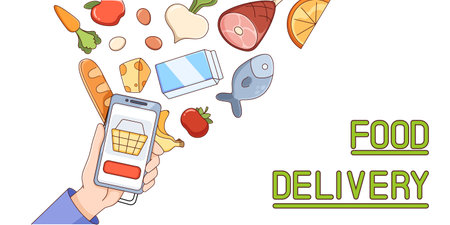 Food delivery smartphone app concept with hand holding mobile device and cartoon grocery items floating into screen including bread, fish and meat, fruits and vegetables, milk package and cheese.のイラスト素材