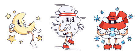 Weather character doodle collection - crescent moon surrounded by stars, jogging wind personage, winter snow cloud mascot wearing scarf and knitted hat drinking hot beverage. Cartoon climate elements.のイラスト素材