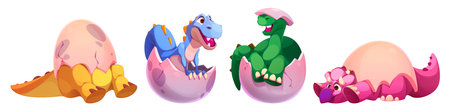 Cute dinosaur reptiles of different colors hatching from eggs - cartoon newborn creatures for game design, stickers or children book illustration. Baby dino emerging from pink shell collection.のイラスト素材