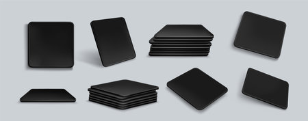 Black square drink coasters mockup set - beverage mats from multiple angles, one and stacked together, with soft shadows on light gray background. Realistic template of table protection accessories.のイラスト素材