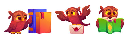 Cute owl mascot set with books, envelope and reading positions - brown cartoon bird character expressing different emotions. Educational application elements for children learning platform design.のイラスト素材
