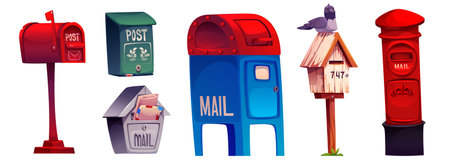 Mailbox collection with different postal designs - red metal box on stand, wall mounted letterbox, classic mail booth, wooden with pigeon sitting on top, traditional pillar post box. Various postbox.のイラスト素材