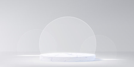 Round marble podium with glass morphism decor on white background. Vector realistic illustration of natural stone platform for product presentation, spa or skincare cosmetics promo banner templateのイラスト素材