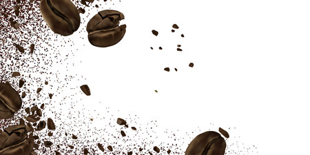 Coffee beans with powder border on white backdrop - large roasted grains scattered with ground particles creating dynamic splash effect. Aromatic beverage ingredients composition for cafe design.のイラスト素材