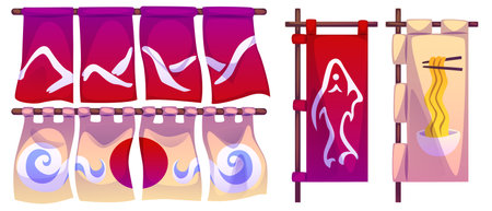 Japanese restaurant curtain banners with traditional sun and cloud, mountain patterns, ramen bowl and swimming koi fish designs. Noren fabric decoration on wooden rod for Asian cuisine entrance decor.のイラスト素材