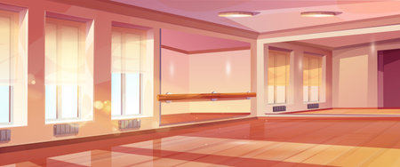 Ballet studio interior with wooden barre, mirrored walls, polished floor and large windows. Dance training room illuminated by sun light through translucent curtains for sport workout and activity.のイラスト素材