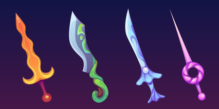 Magical sword collection with colorful blade designs. Fantasy weapon set decorated by gems - yellow, blue and green with gemstones and decorative handles. RPG game equipment item for battle interface.のイラスト素材