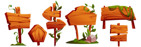 Wooden signboard collection with jungle elements - directional game pointers, rustic planks covered in vines, empty boards with nails, sign post with stones near base, green foliage decorations.のイラスト素材