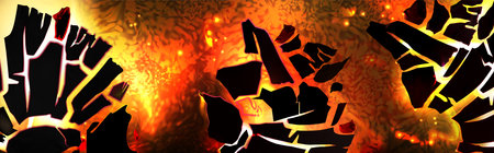 Hot lava under cracked ground. Vector realistic illustration of abstract game background with volcanic magma, burning fire and smoke seen through land fracture, hell top view, natural disaster effectのイラスト素材