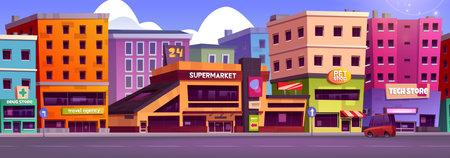 Shopping street scene illustration. Colorful urban buildings with various stores - supermarket, drugstore, tech shop, pet store and travel agency. Modern city view with bright facades, signboards, carのイラスト素材