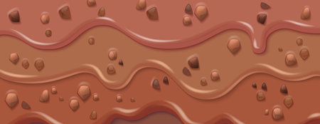 Chocolate drips with candy chunks - realistic smooth flowing streams of melted cocoa, caramel waves and scattered sweet pieces on brown background for confectionery packaging design or banner layout.のイラスト素材