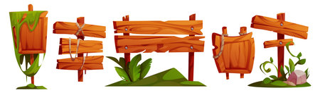 Jungle wood sign boards set isolated on white. Vector cartoon illustration of old wooden plaques with stone, grass and liana vines, welcome banner, game menu frame, direction indicator, gui nameplateのイラスト素材