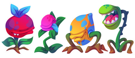 Monster plants set isolated on white background. Vector cartoon illustration of giant alien flower with open toothy mouth and tongue, scary fairytale garden creatures, biting predator in magic forestのイラスト素材