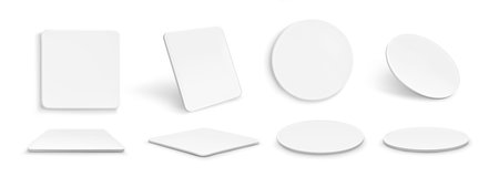 Drink coasters mockup set - white clean square and round beverage mats shown from different angles with realistic shadows. Blank templates for company branding and home protection accessories.のイラスト素材