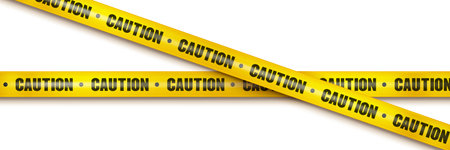 Yellow caution barrier tape with black text crossed over white background - warning stripe pattern repeated on plastic ribbon. Safety and hazard notification element for restricted area marking.のイラスト素材