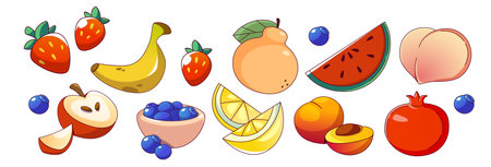 Summer fruit and berry cartoon set. Collection with strawberries and banana, peach and watermelon, apple and blueberries, pear and lemon slices, apricot and pomegranate. Bright seasonal elements.のイラスト素材