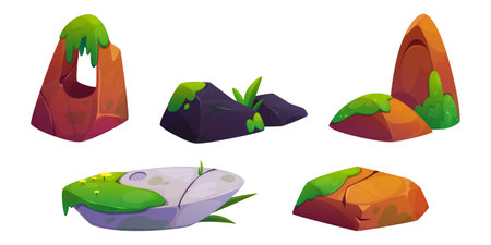 Mossy rock collection with cartoon landscape elements for game environment. Stone shapes covered with green vegetation in various formations - arch, cave, cliff and platform. Fantasy terrain assets.のイラスト素材