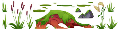 Wetland nature elements set - marsh plants with cattails, mossy clay hill, floating lily pads, gray stones covered by green growth, reed grass bunches. Swamp scene items for game landscape design.のイラスト素材