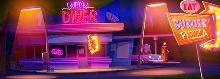 Cartoon night diner cafe with bright neon lights - glowing signage, food advertisement board, illuminated burger pizza menu. Retro building exterior, parked vehicle on gas station with cafeteria.のイラスト素材