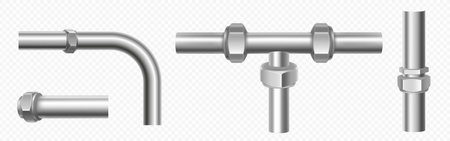 Steel pipes set isolated on transparent background. Vector realistic illustration of 3D metal pipeline elbows and connections, gas or water supply system, plumbing hose, shiny chrome tube jointsのイラスト素材