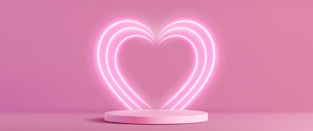 Love neon podium design with glowing pink heart shaped light tubes behind circular display platform. Romantic luminous stage on rose backdrop. Modern showcase setup for Valentine day presentation.のイラスト素材