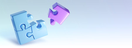 3D puzzle pieces - connected blue elements with floating purple component on light background. Minimalist jigsaw composition showing assembly process. Glossy plastic blocks during connection.のイラスト素材