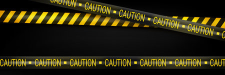 Diagonal black and yellow warning tape stripes pattern with caution text on dark background. Crossing security barrier ribbons for hazardous emergency zone boundary design for construction areas.のイラスト素材