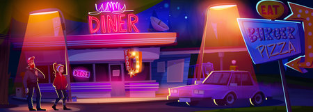 Cartoon diner cafe at night with people near closed establishment - illuminated restaurant exterior, bright neon signage, gas station lights. Parked car standing under streetlight on evening.のイラスト素材