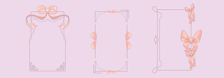 Coquette vintage frames with ribbon bows on pink background. Vector cartoon illustration of hand drawn fancy lines, elegant design elements for boho style wedding, birthday, party invitation cardのイラスト素材