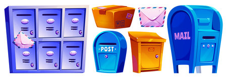 Postal mail delivery set - bright colored street and wall postboxes and mailboxes, apartment lockers, letter in envelope and parcel cardboard container. Correspondence and package shipping elements.のイラスト素材
