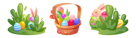 Easter basket celebration set - wicker container filled with eggs, spring tulips, bunny peeking through green bushes, colorful decorated eggs on grass. Cartoon holiday hunting game elements design.のイラスト素材