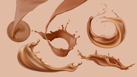 Chocolate splash collection with various dynamic liquid shapes. Milk cocoa swirls, circular splatter, creamy waves, flowing drops. Realistic brown fluid motion elements for confectionery design.のイラスト素材