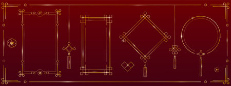 Golden Chinese decorative frames with traditional ornamental elements and tassels on red background. Oriental geometric borders with squares, circles, knots patterns. Luxury Asian design motifs.のイラスト素材