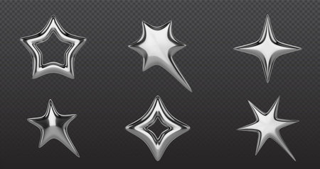 Metallic chrome stars collection - silver 3d shapes with reflective surfaces, y2k style geometric elements, hollow and solid decorative objects with glossy finish on dark transparent background.のイラスト素材
