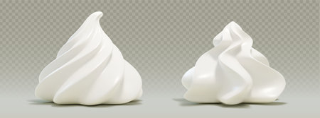 Whipped cream swirls set isolated on transparent background. Vector realistic illustration of 3d cake, pie, dessert or cupcake decoration, sweet vanilla mousse topping, white creamy icing, side viewのイラスト素材