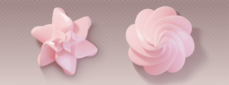 Pink whipped cream swirls set isolated on transparent background. Vector realistic illustration of 3d cake, pie, dessert or cupcake decoration, sweet vanilla mousse topping, creamy icing, top viewのイラスト素材