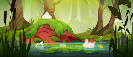 Magical wetland scene - white ducks with yellow duckling swimming among green lily pads, mossy stump over water, cattails, tree trunks, sunbeams through swamp forest. Enchanted landscape background.のイラスト素材