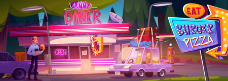 Diner exterior with cartoon eating man walking outside - gas station roadside building, glowing signs, parked cars, customer with burger. Retro style restaurant landscape for game background.のイラスト素材