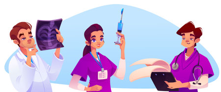 Medical staff characters - young doctor analyzing x ray scan, nurse holding syringe with treatment, physician with clipboard and stethoscope. Hospital personnel team at work for healthcare design.のイラスト素材
