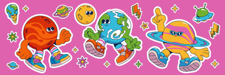 Groovy universe sticker pack - dancing planets, spinning Earth, cosmic bodies in sneakers on pink background with shining stars and lightning bolts. Space themed cartoon elements for kids decoration.のイラスト素材