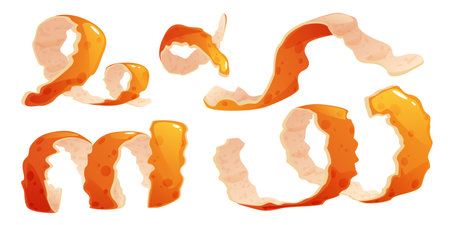 Orange peel set isolated on white background. Vector realistic illustration of fresh fruit skin spiral, tangerine, mandarin, lemon rind, citrus juice, jam or summer cocktail cooking ingredientのイラスト素材