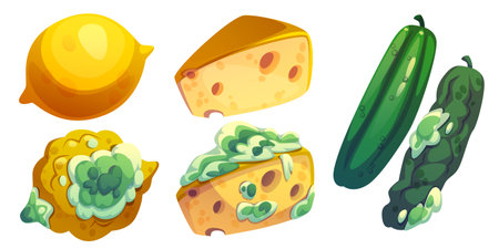 Rotten food set isolated on white background. Vector cartoon illustration of spoiled lemon, cheese, cucumber with dirty mold and fungus on skin, waste fruit, dairy product and vegetable, organic trashのイラスト素材