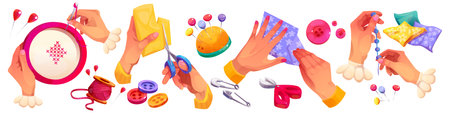 Sewing accessories cartoon - process of female hands working with embroidery hoop, scissors cutting fabric, buttons and safety pins, folded cloth pieces, threading beads for handmade hobby crafts.のイラスト素材