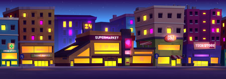 Shopping street night scene - illuminated storefronts with yellow glow, neon signs, buildings with lit windows, supermarket, stores under starry sky. Urban landscape with bright evening lights.のイラスト素材