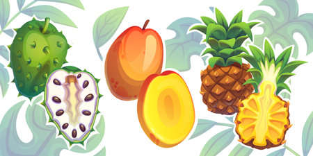Tropical fruits collection with whole and sliced soursop, fresh orange mango cut in half, golden pineapple cross section on decorative leafy background. Exotic illustration for natural food packaging.のイラスト素材