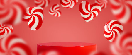 3D candy display with red podium surrounded by floating peppermint lollipops in heart and circular shapes. White spiral pattern swirls across crimson sugar treats on backdrop for product presentation.のイラスト素材